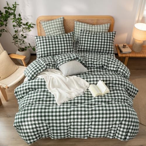 BESTOUCH Gingham Cotton Duvet Cover Set Green Twin