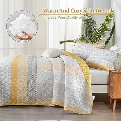 WONGS BEDDING Yellow King Size Quilt Set,Boho Striped Patchwork Bedspread