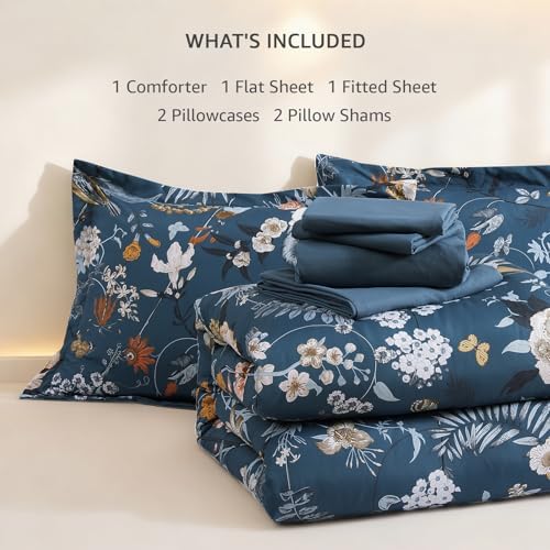 King Size Comforter Set- 7 Pieces Blue Floral Bed in a Bag King Bedding Set