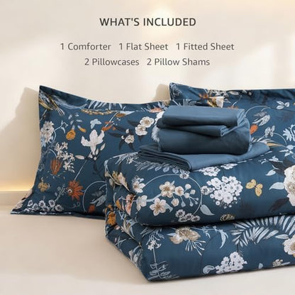 Full Size Comforter Sets-7 Pieces Blue Floral Bed in a Bag Full Bedding Set