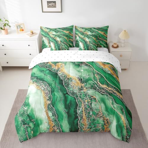 Erosebridal Marble Texture Bedding Set for Kids Teens,Green Golden Marble Grain Comforter Set Queen Size,Tie Dye (Comforter+Fitted+Flat Sheet+2 Pillowcases+2 Throw Pillow Covers) 7 Pieces Bed Set