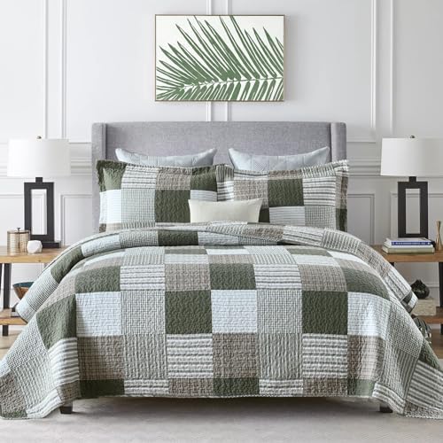 Y-PLWOMEN 100% Cotton King Size Quilt Farmhouse Plaid 3-Pieces Bedding