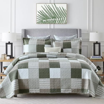 Y-PLWOMEN 100% Cotton King Size Quilt Farmhouse Plaid 3-Pieces Bedding