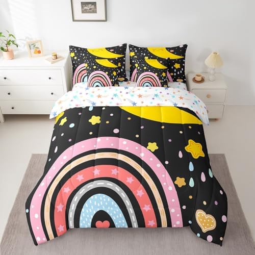 Erosebridal Rainbow Twin Comforter Set 7 Piece Cartoon Star Moon Bed in A Bag with Sheets for Kids Girls Boys Cute Rainbow Black Bedding Set Love Hearts Polk Dots Bed Set Kawaii Room Decor