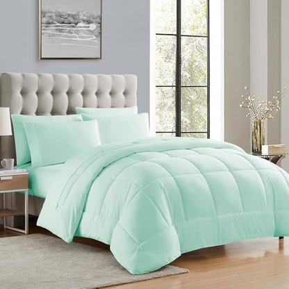 Sweet Home Collection 7 Piece Comforter Set Bag Solid Color All Season Soft Down Alternative Blanket & Luxurious Microfiber Bed Sheets, Mint, Twin