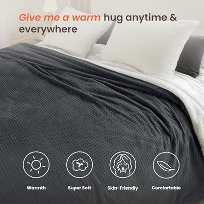 Heated Blanket Electric Blanket King Waffle, 90x100 Inches Dual Controllers Sherpa Fleece Fast Heating Blanket 6 Heating Levels & 10 Hours Auto Off ETL Certification,Charcoal Grey King