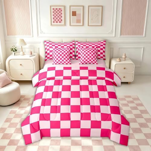 Feelyou Checkered 7 Piece Bedding Set Teen Women Boho Modern Cute Aesthetic Decorative Girly Comforter Set with Sheets Queen Size Kids Boys Geometric Chic Bed in a Bag Pink White Plaid Room Decor