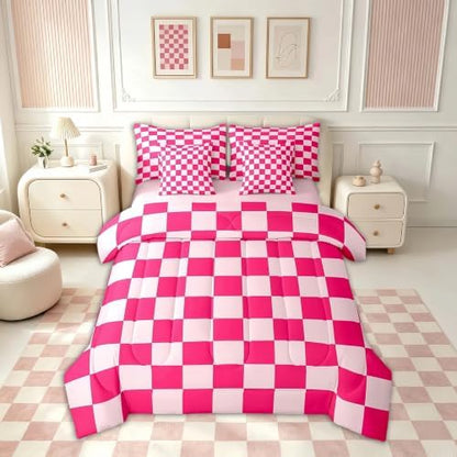 Feelyou Checkered 7 Piece Bedding Set Teen Women Boho Modern Cute Aesthetic Decorative Girly Comforter Set with Sheets Twin Size Kids Boys Geometric Chic Bed in a Bag Pink White Plaid Room Decor