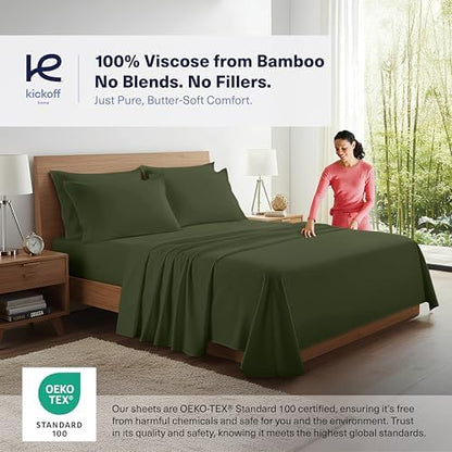 Kickoff Viscose Bamboo Sheets Queen Size 4-pc 100% Organic Bamboo Viscose Bed Cooling Sheets Queen Size Set Cool Bedding for hot Sleepers Sheet Set - Gift Ready Packaging (Green, Q)
