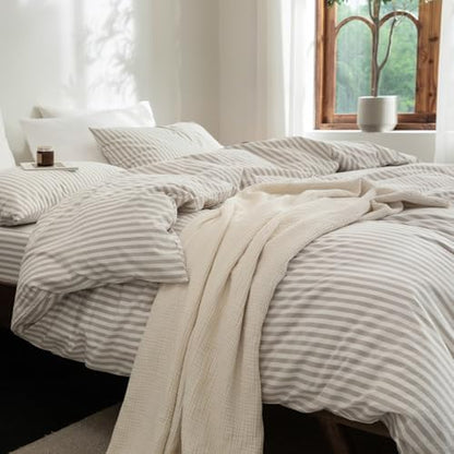 FOSSA Striped Duvet Cover Set 100% Washed Cotton Linen Feel Oversized Queen