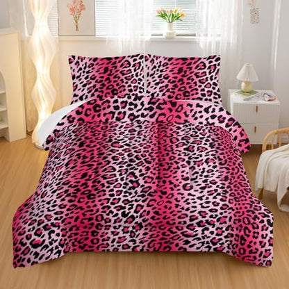 Nttopship Pink Leopard Print Comforter Bedding Set with 2 Pillowcase King Size Cheetah Painting Comforter Set for Kids Boys Girls Bedroom Decor