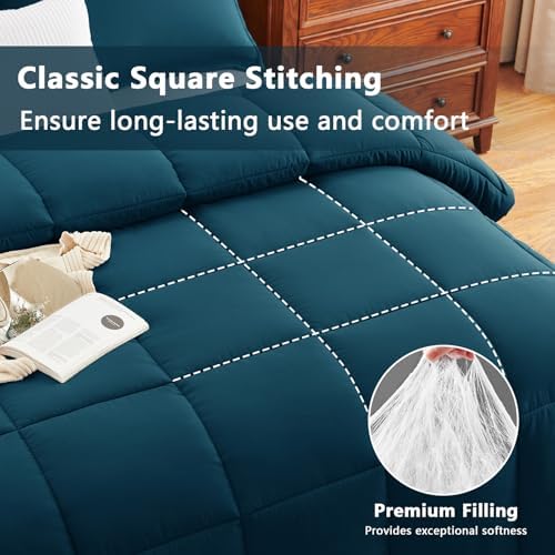 CozyLux Full Size Comforter Sets, 3-Piece Box-Stitched, Lyons Blue