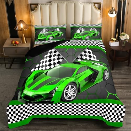 Feelyou Race Car Comforter Set for Kids Boys Black White Checkered Flag Print Comforter Extreme Sports Bedding Set Full Size Bedroom Decor Honeycomb Speed Sports Car Green Duvet Set 3pcs