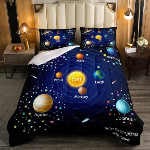 Erosebridal Kids Outer Space Comforter Set, Boys Starry Sky Galaxy Duvet Sets Full Size Planet Space Down Comforter for Girls Teens Adult Bedroom Decor, Solar System Cosmos Bedding Set, Blue Purple
