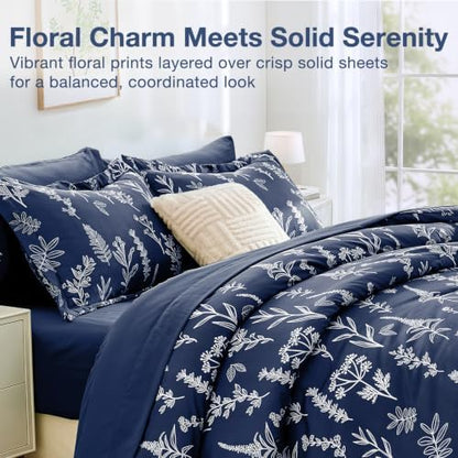 MUXHOMO Navy Blue Cal King Comforter Set, Elegant Floral Print Bed in a Bag 7 Pieces, Ultra Soft & Breathable Reversible Botanical Pattern Bedding Set with Comforter, Sheets, Pillowcases, and Shams