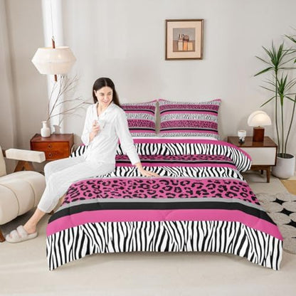 Zebra Stripes Comforter Leopard Print Comforter Set for Kids Boys Girls Pink Black White Zebra Leopard Fur Bedding Set Ultra Soft Decor Wild Animal Skin Texture Pattern Duvet Set Full Size Quilt Set