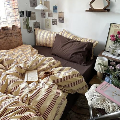 mixinni Retro Striped Duvet Cover Set California King - 100% Natural Cotton 3-Piece Vintage Red Stripes Pattern Printed Bedding Set, Soft Breathable Comforter Cover with Zipper Closure & Corner Ties