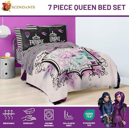 Disney Descendants Queen Comforter Set 7 Piece Kids Soft Bedding, Multi