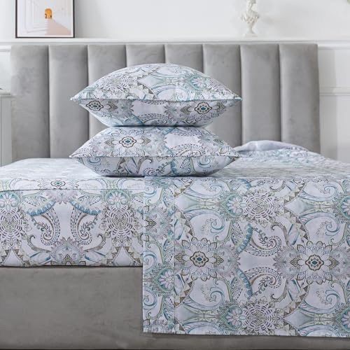 FADFAY Blue Paisley Sheets Set Cal King Boho Paisley Bedding Bohemian Damask Paisley Bed Sheet Breathable 100% Egyptian Cotton 800 Thread Count Deep Pocket Fitted Sheet 4Pcs, California King Size