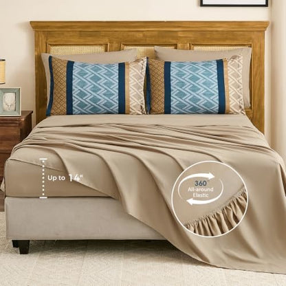 King Comforter Set 7 Pieces,Blue and Brown Boho Striped Bed in a Bag
