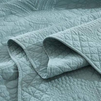 MarCielo 100% Cotton Quilt Set - 3-Piece Embroidered Farmhouse Bedspread & Shams, All-Season Breathable Bedding (Tf Aruba Blue, King)