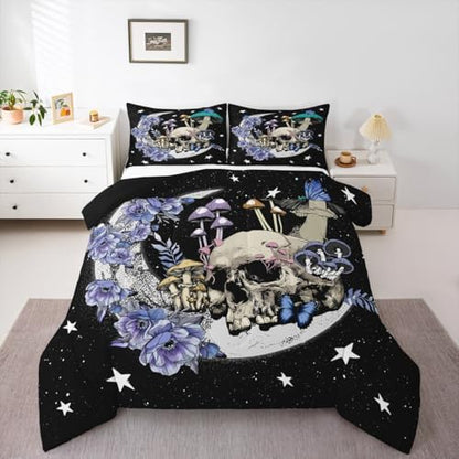 Star Moon Bedding Set King Size Mushroom Sugar Skull Comforter Set 3pcs for Kids Girls Boys Youth Bedroom Decor Exotic Plants Quilted Duvet Purple Flower Butterfly Duvet Insert,2 Pillowcases