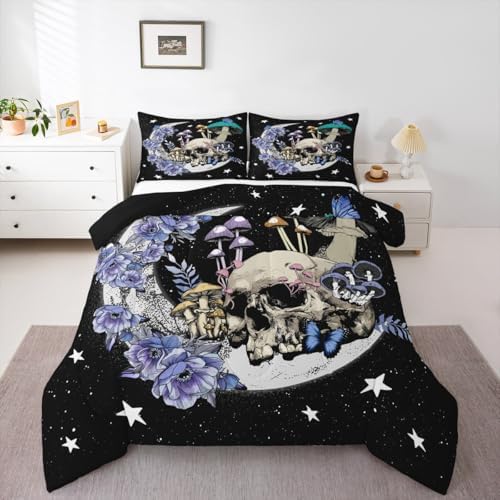 Star Moon Comforter Set Full Size Mushroom Sugar Skull Bedding Set 3pcs for Kids Girls Boys Youth Bedroom Decor Exotic Plants Quilted Duvet Purple Flower Butterfly Duvet Insert,2 Pillowcases
