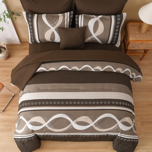 Anibedding Brown Comforter Set King Size,Patchwork Striped Bed in a Bag