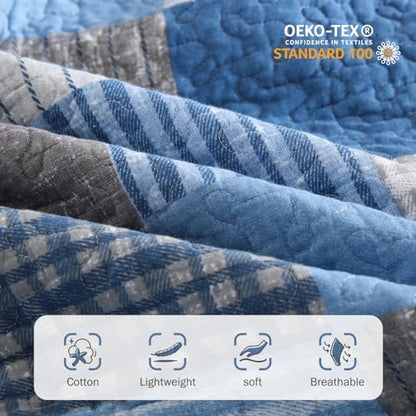 Y-PLWOMEN 100% Cotton Quilts Queen Size Farmhouse Plaid 3-Pieces Bedding