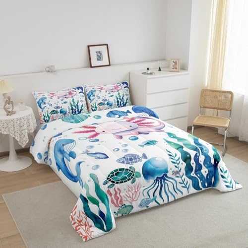 Feelyou Axolotl Bedding Set, Toddler Size, Cute Axolotl Gifts Girls Boys Kids Women Adults Bedding Set, Ultra Soft Axolotl Cuttlefish Pattern Comforter, Kawaii Ocean Sealife,Duvet Quilt, Quilt