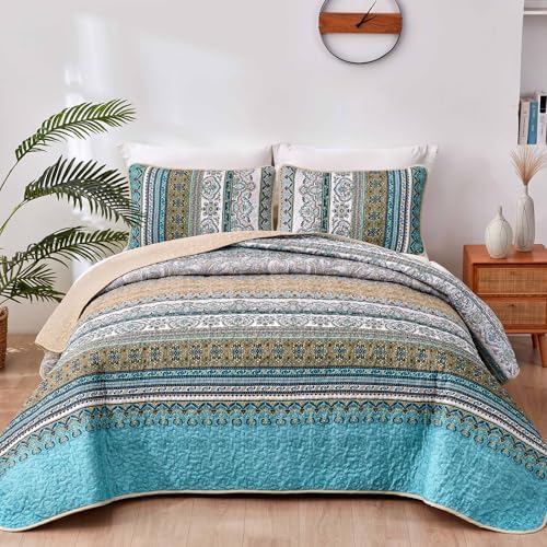 WONGS BEDDING Boho Quilt King Size,3 Pcs Bedspread Bedding Set, Blue Brown