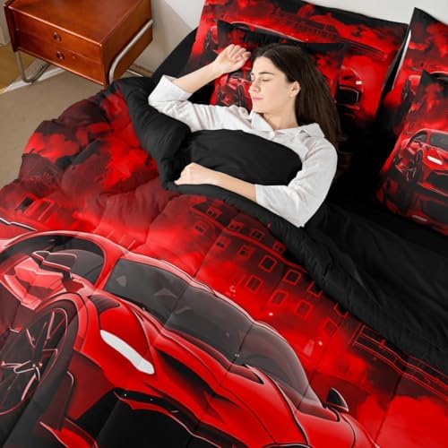 jejeloiu Race Car Comforter Set with Sheets 7 Piece Twin Size