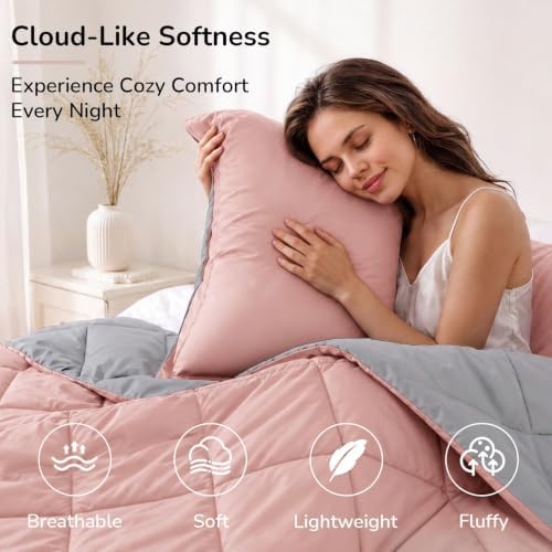 downluxe Queen Comforter Set Soft Reversible 3 Pieces, Peach Pink/Grey