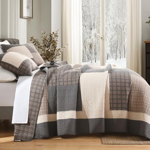 Finlonte 100% Cotton King Size Quilt, King Comforter with Pillow Shams, Farmhouse Plaid Quilted Bedspread, Lightweight Soft Quilt Bedding Set, Brown/Beige/Gray