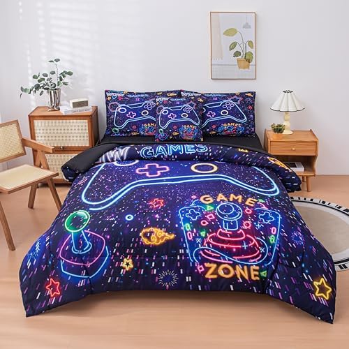MWMWMW 6 Pcs Boys Queen Comforter Set, Game Console Bedding Set Queen for Boys Girls, Gaming Bedding Set for Kids Girls (1Comforter, 1Flat Sheet, 1Fitted Sheet, 1 Pillow Cover, 2Pillowcases)