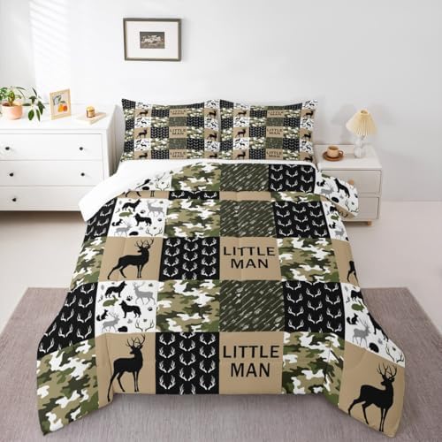 Manfei Deer Antlers Animals Silhouette Comforter Set Full,Camo Geometric Checks Bedding Set 3pcs for Kids Adults Room Decor,Nordic Boho Arrow Quilt Set,Vintage Green Duvet Insert with 2 Pillowcases