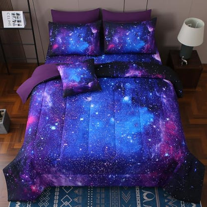 JQinHome Queen Galaxy Purple Comforter Sets Blanket,6 Piece Bed in A Bag 3D Outer Space Themed Bedding, All-Season Reversible Quilted Duvet, for Children Boy Girl Teen Kids(Blue Purple)
