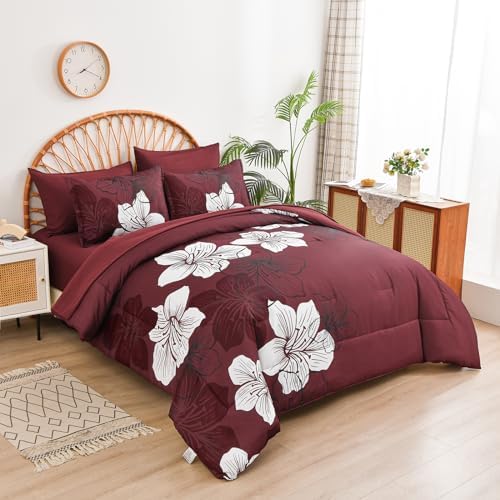 Luxudecor 7 Pieces King Size Comforter Set, Burgundy Floral Bed in a Bag Comforter and Sheet Set, Soft Microfiber Lightweight Bedding Set for All Season 104"×90"