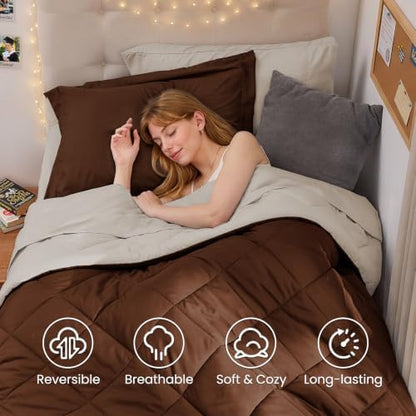 MUXHOMO 5 Pieces Twin XL Comforter Set, Reversible Bed in a Bag Twin XL Size, All Season Bedding Set with Comforter, Flat Sheet, Fitted Sheet, Pillowcases & Shams, Brown & Khaki