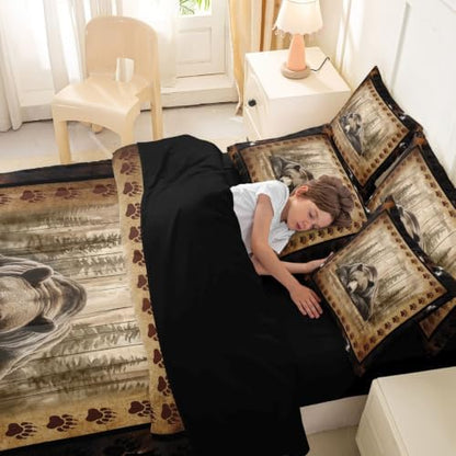 Erosebridal Brown Bear Full Comforter Set with Sheets 7 Piece Rustic Wildlife Bear Paw Bed in A Bag Vintage Farmhouse Cabin Bedding Sets for Kids Boys Girls Country Lodge Bed Set
