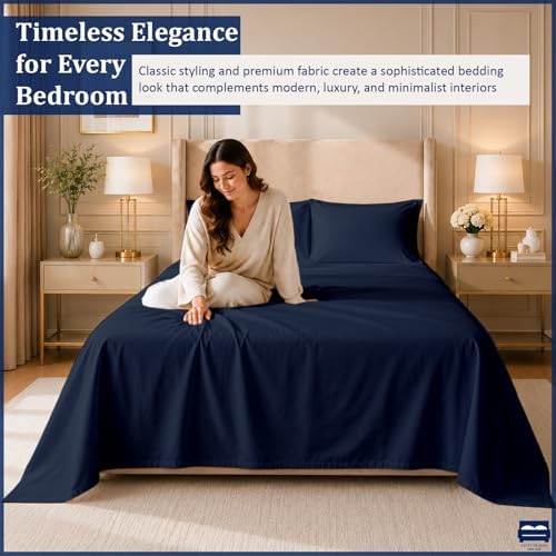 Cottingon 4 Piece Full Sheets Fits 16" Deep, Egyptian Cotton, Navy Blue