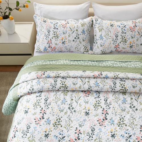 LEAONME California King Size Quilt Set 3-Piece Lightweight Bedspread Coverlet 120''x120'' Garden Style Floral Printed Oversized Bedding Set with Shams for All Season