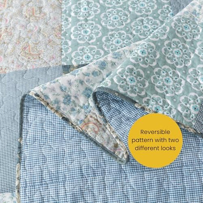SLPR - Wildflowers Blue Floral Patchwork Cotton Quilt Set, King and 2 Shams