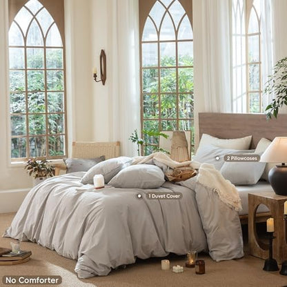 MooMee Wavy Striped Duvet Cover Set 100% Washed Cotton Linen Like Textured Breathable Durable Soft Comfy (Light Grey, Super King 108"x98")