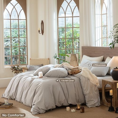 MooMee Wavy Striped Duvet Cover Set 100% Washed Cotton Linen Like Textured Breathable Durable Soft Comfy (Light Grey, King 104"x90")