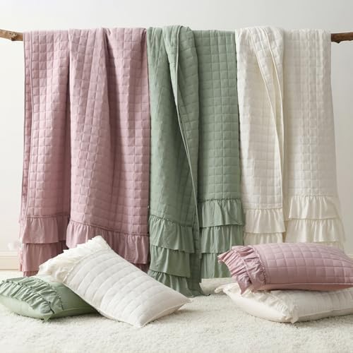 HORIMOTE HOME Dusty Pink Ruffled Quilt Set Queen Size, Classic Geometric Square Stitched Pattern, Pre-Washed Farmhouse Shabby Chic Microfiber Lightweight Bedding Set Bedspread Coverlet for All Season