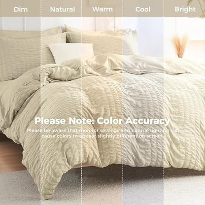 HYMOKEGE Oatmeal King Size Comforter Set Seersucker 7 Pieces, All Season Luxury Bed in a Bag for Bedroom, Bedding Set with Comforter, Sheets, Pillowcases & Shams