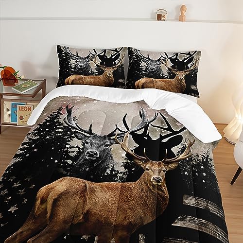 HOSIMA Snowy Forest Deer Comforter Set with 2 Pillowcases,Camo American Flag Comforter Full Size Hunting Bedding Set for Teen Mens Bedroom Essentials,Wildlife Elk Comforter Boys Room Decor.