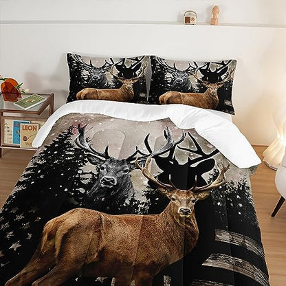 HOSIMA Snowy Forest Deer Comforter Set with 2 Pillowcases,Camo American Flag Twin Bed in a Bag Hunting Bedding Set for Teen Mens Bedroom Essentials,Wildlife Elk Comforter Boys Room Decor.