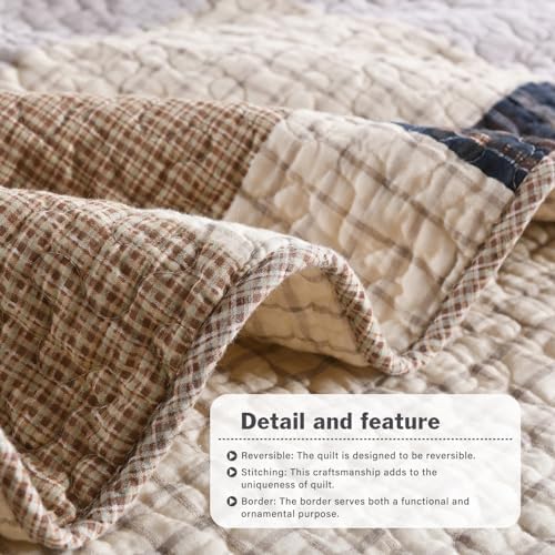 Y-PLWOMEN 100% Cotton Quilts Queen Size Farmhouse Plaid 3-Pieces Bedding